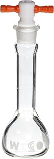 Chemglass CG-1617-20 Glass 20mL +/- 0.08mL Flat Bottom Heavy Duty Wide Mouth Volumetric Flask, with PTFE Stopper, 128mm Height