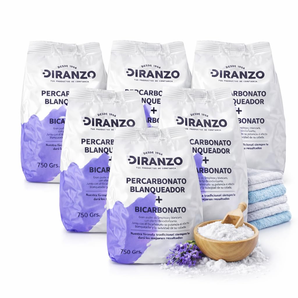 Percarbonato Blanqueador Diranzo Pack 6 unidades 750g x 6. Total 4,5 Kg, Quitamanchas, Blanqueante, Elimina Olores y Grasa. Apto Ropa blanca y Color. Elimina manchas difíciles