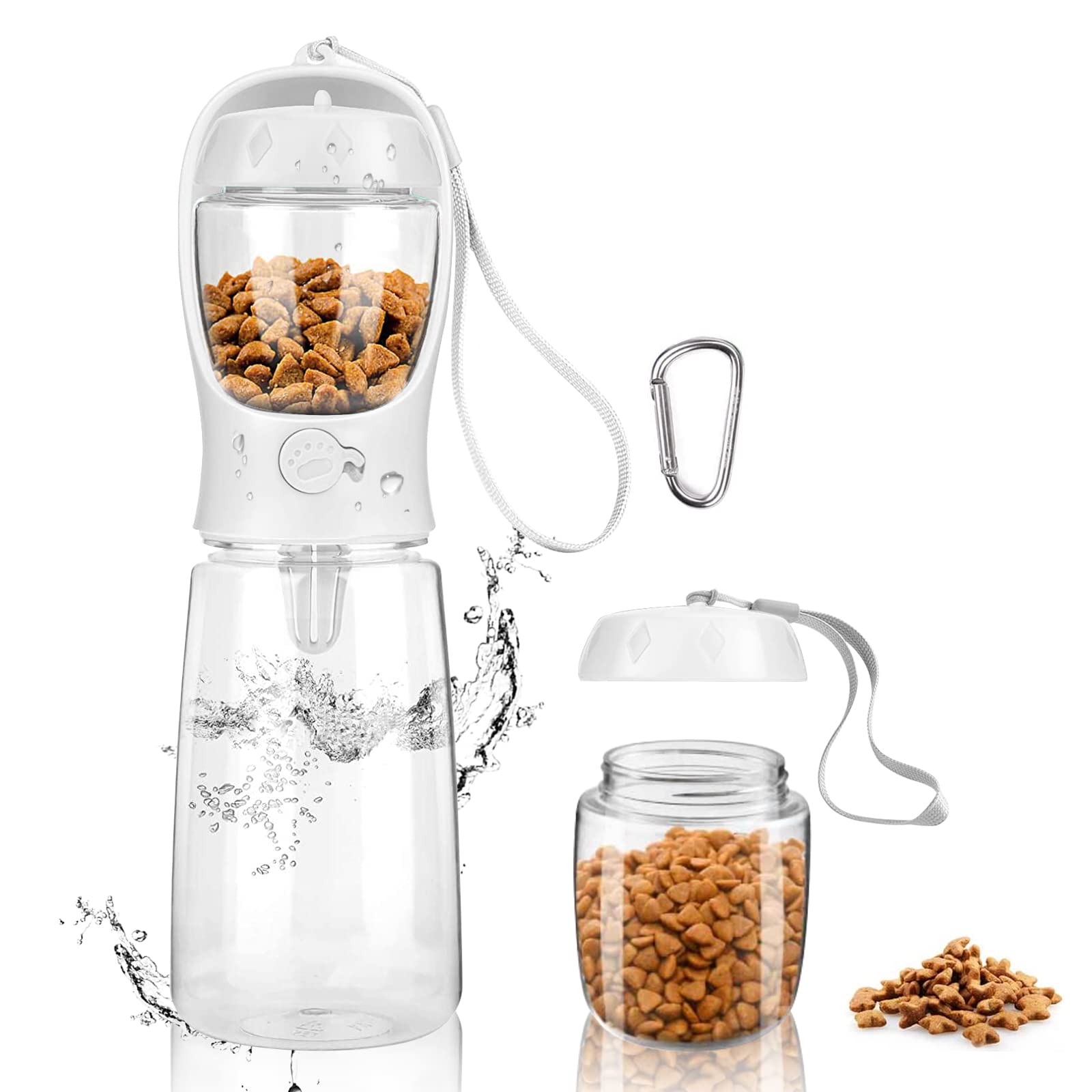 MYOWELL Tragbare Trinkflasche Hunde - 550ml Hundetrinkflasche für Unterwegs mit 100g Hundefutter Becher, für Große Kleine Hunde Leckdichte Wasserflasche