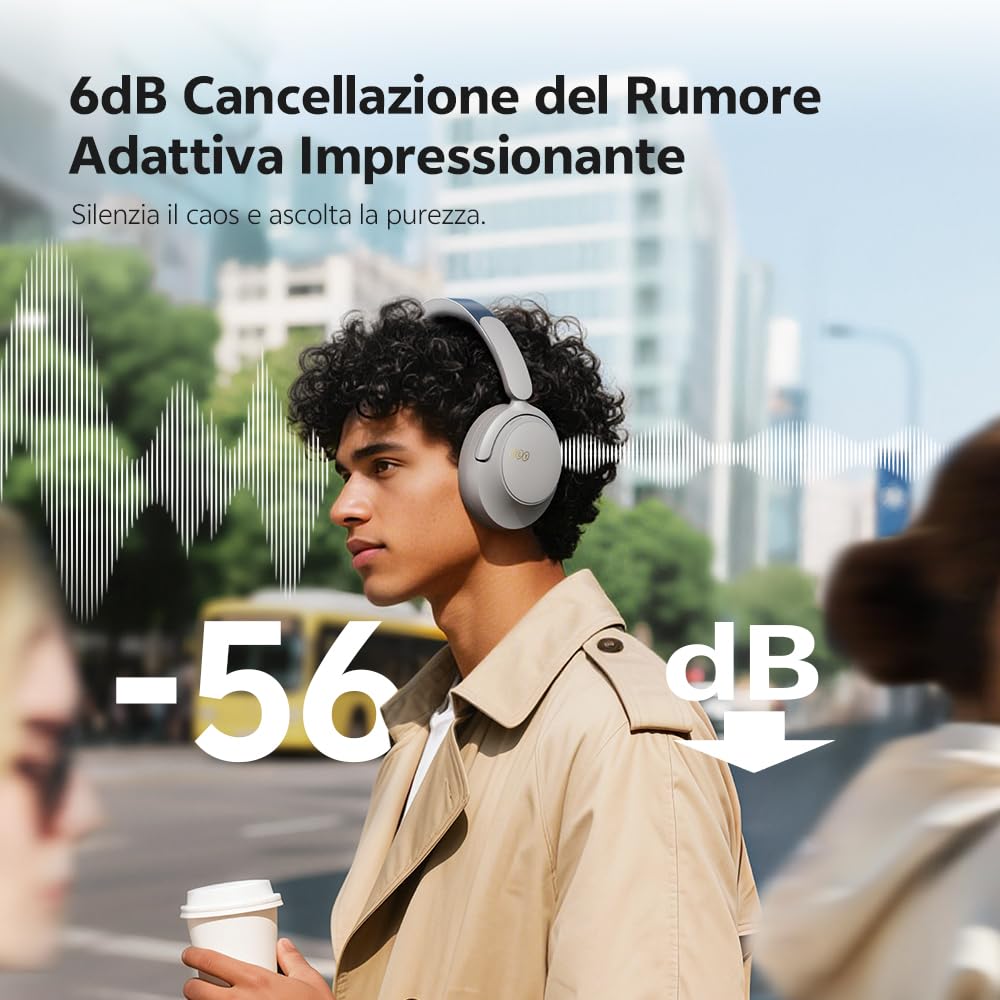 QCY H3S Cuffie Bluetooth Cancellazione Rumore Attiva Adattiva, -56 dB ANC Cuffie Wireless Over Ear, 102 Ore di Autonomia, LDAC Hi-Res Audio, Suono Spaziale, Comfort Leggero, Bluetooth 6.0