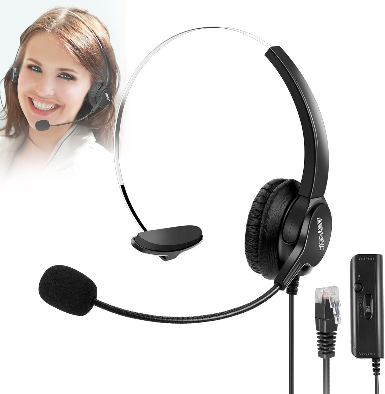 AGPTEK® Hands-Free Call Center Noise Cancelling Corded Monaural Headset Headphone for Desk Telephone with 4-Pin RJ9 Crystal Head