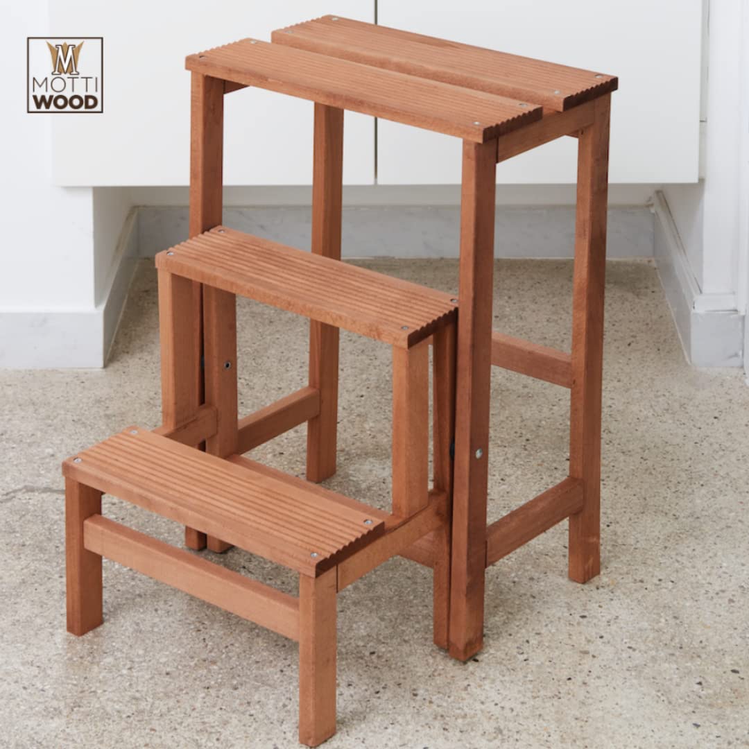 Mottiwood Tabouret Escalier avec rabat, 3 marches, couleur noix, pliable, antidérapant, peu encombrant, bois de hêtre, dimensions 37 x 42,5 x 58 cm A2782