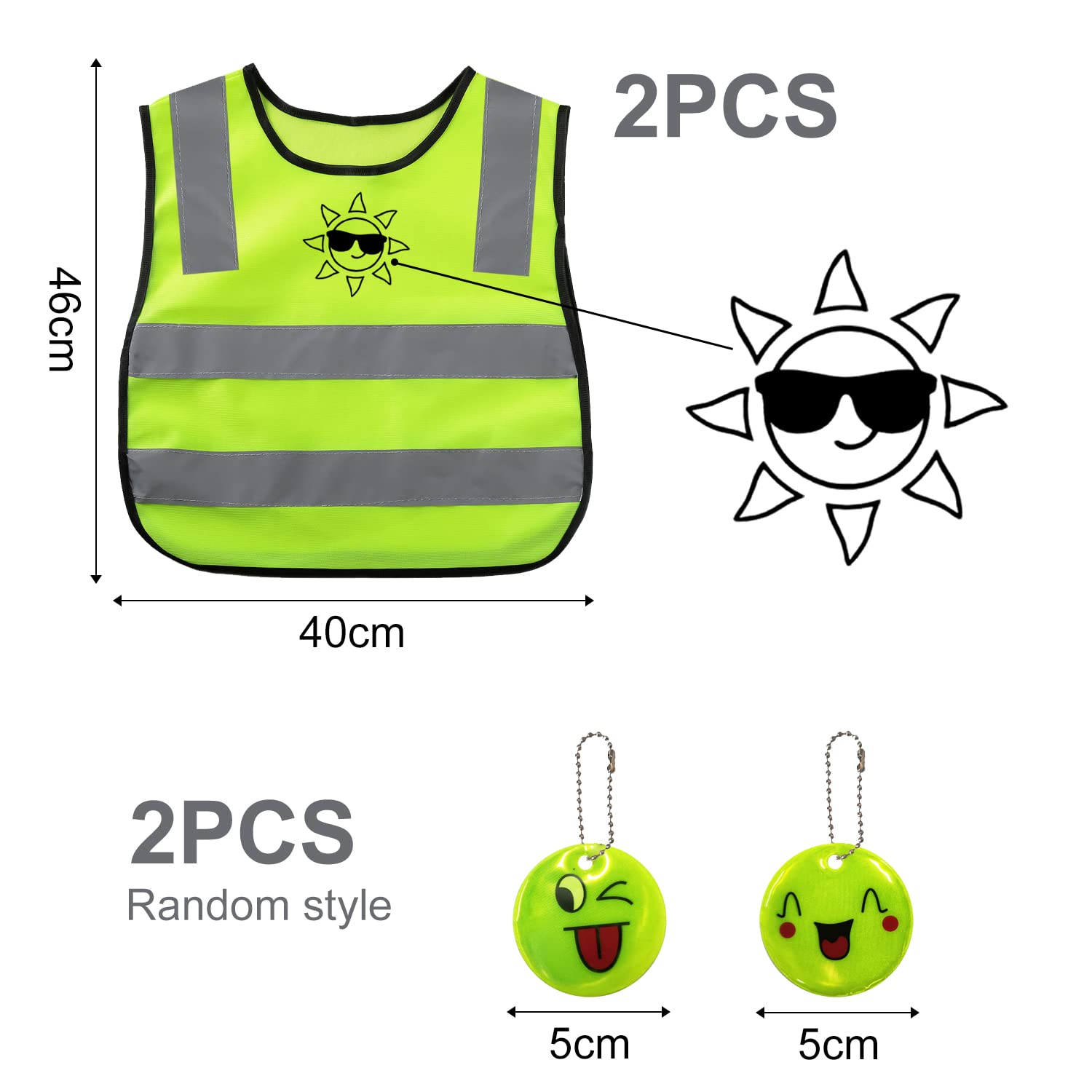 2 kamizelki odblaskowe o wysokiej widoczności, 2 odblaskowe zawieszki do tornistra szkolnego, kamizelka bezpieczeństwa dla dzieci, fluorescencyjna, żółta, oddychająca kamizelka, rozmiar uniwersalny