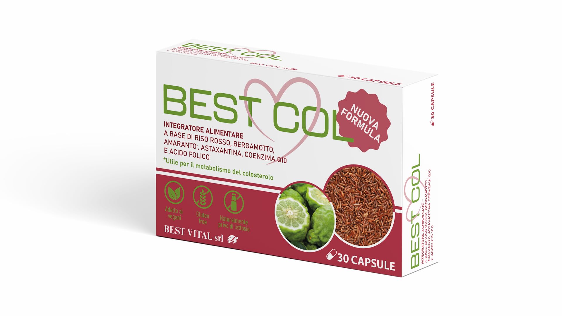 BEST COL Nuova Formula - Integratore Alimentare a Base di Bergamotto, Amaranto, Astaxantina, Coenzima Q-10, Riso Rosso e Acido Folico. 30 capsule