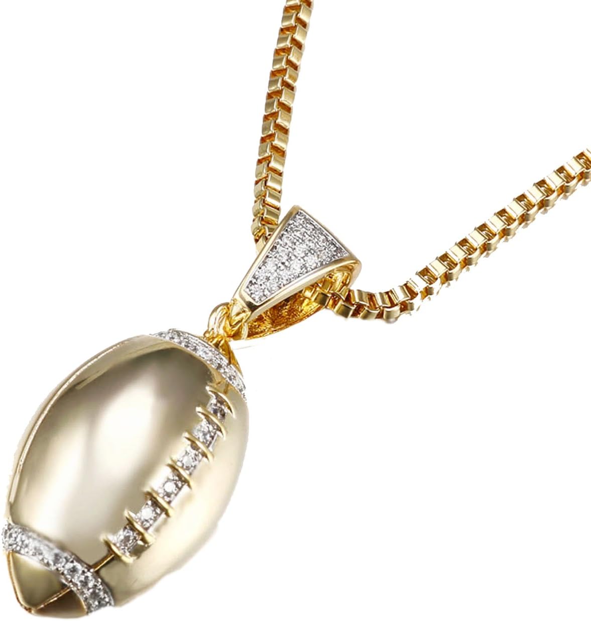 Iced Out Sports Theme Football Pendant Necklace AAA CZ Crystal Jewelry 24 inch Chain(Football Gold)