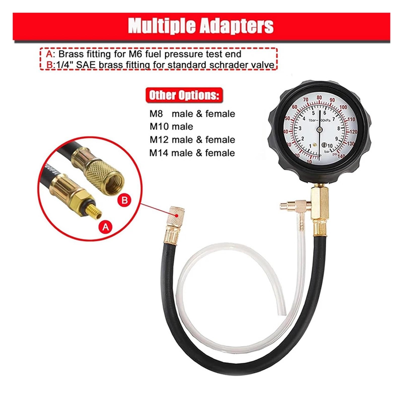 Kit de comprobador de presión de inyector de Combustible TU-114, compresión del Motor de 0 a 140 PSI, Herramientas de presión de Aceite y Gas para automóviles y Motocicletas.
