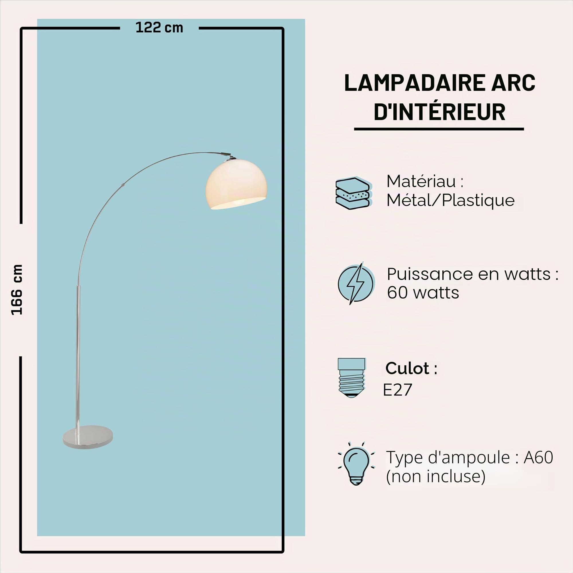 Lightbox Bogenlampe 166 cm, Chrom & Weiß, schwenkbare Lampe
