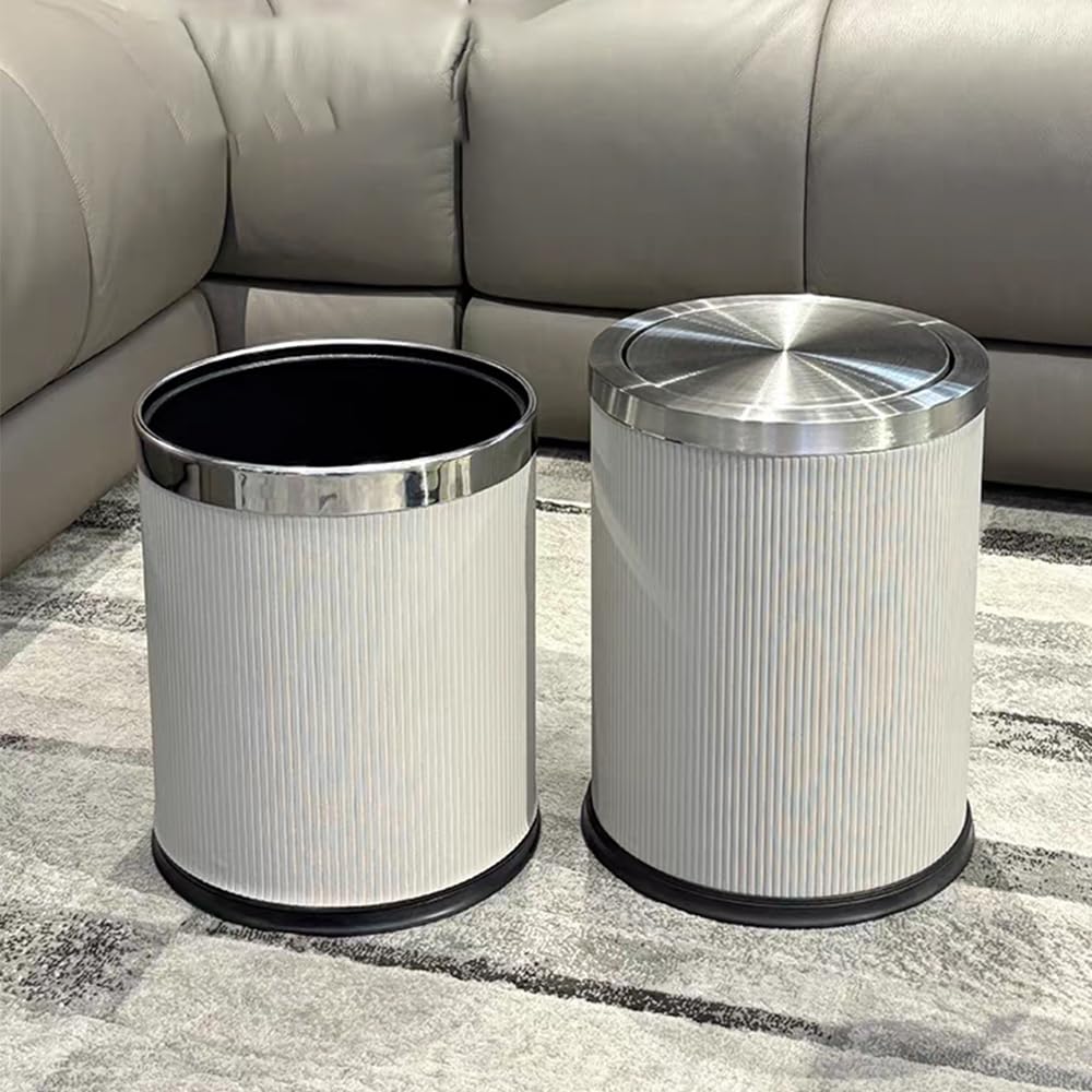4 Gallon Bathroom Trash Can with Swing Lid, White Silver Leather Garbage Can, Modern, Large, Big Waste Basket, for Bedroom Kitchen Powder Room Toilet (15L Elegant White)