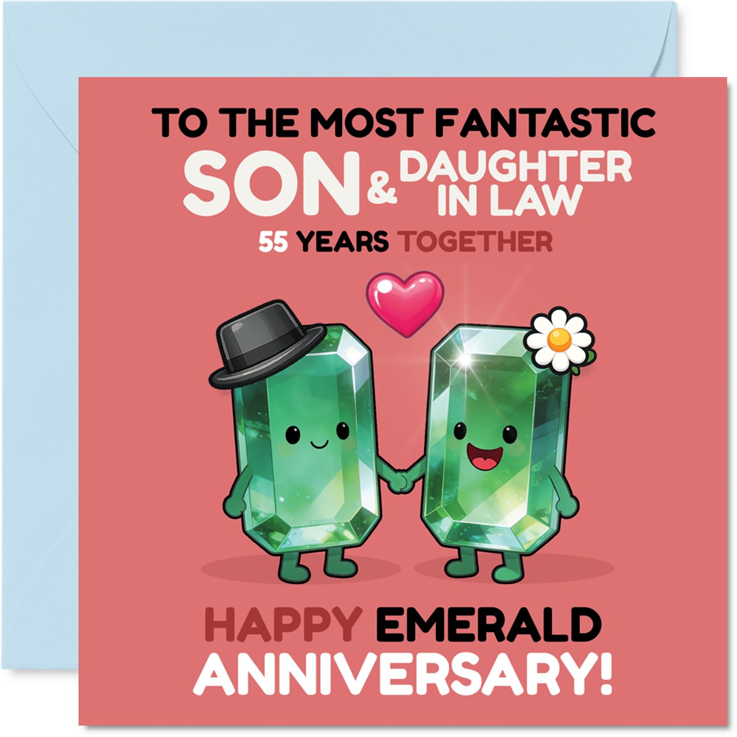 Playful 55th Anniversary Card for Son & Daughter in Law - Emerald Anniversary Giggles - Cartoon Gemstones Holding Hands in Pink and Green - 145mm Square, Envelope Included