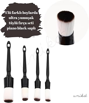 4'lü Hassas Araç Fırça Seti Yumuşak Başlıklar - Piano Black Saplı, Beyaz Tüylü