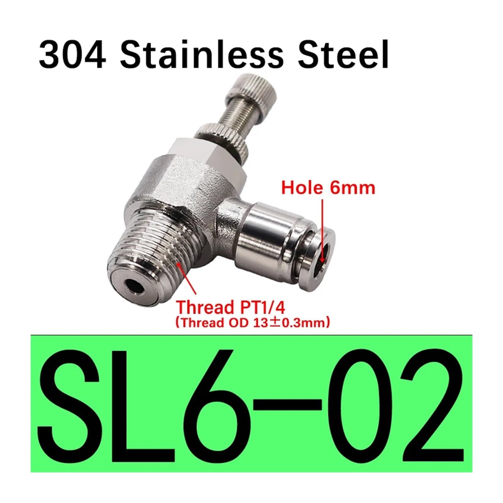 1 szt. Zawór regulacyjny ze stali nierdzewnej 304, metalowe, pneumatyczne, szybkozłączka, 4, 6, 8 mm, gwint 1/8, 1/4, 3/8, złączka powietrzna (SL6-02 (6mm-1l4))