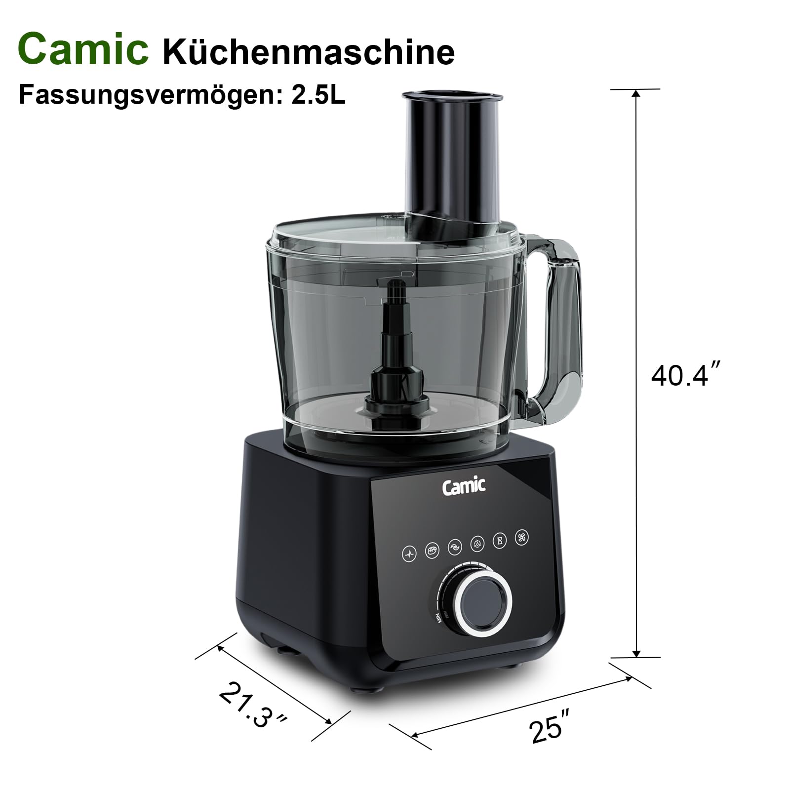 Camic Kompakte Küchenmaschine Food Processor 1500W Motor, 6 Funktionen, PowerChop, 3-in-1 Scheibe, Einfacher Zusammenbau, 2,5L Schüssel (Upgrade-Version)