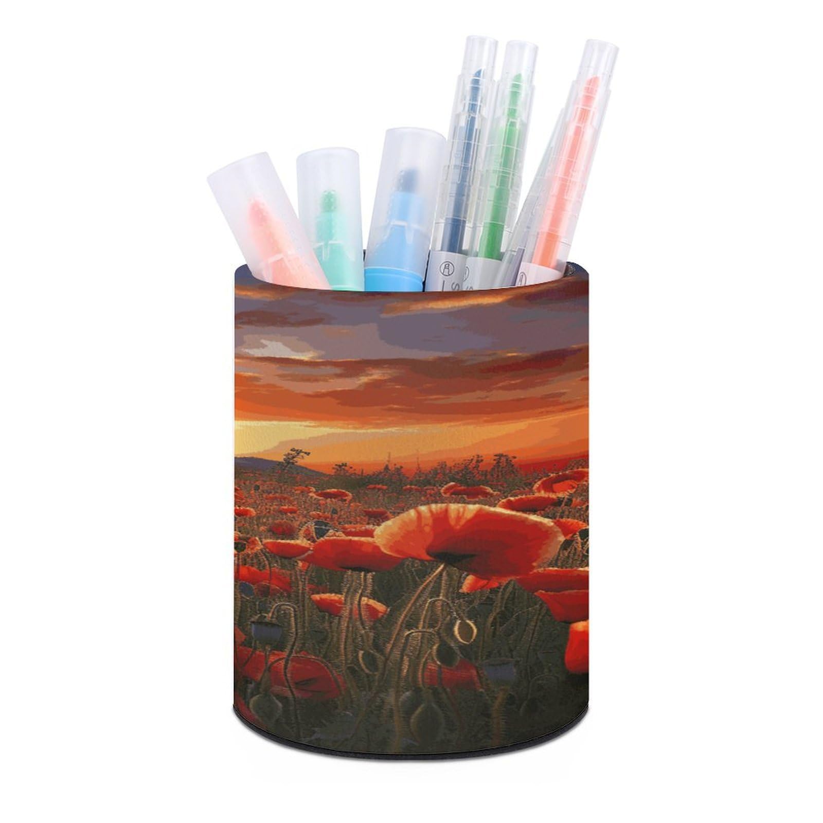 LDGSUPH Red Poppy Flower Field in Sunset Round Pen Holder Leather Pen Cup Pencil Cup Pen Organizer Pencil Holder for Desk Organizer Pencil Organizers Makeup Brush Holders for Home Office Gift