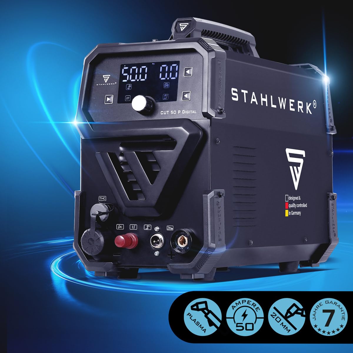 STAHLWERK Plasmaschneider CUT 50 P Digital – Plasmaschneidgerät mit 50 A, Schneidleistung bis 20 mm, HF-Pilotzündung, THC-Schnittstelle für CNC-Höhenregelung, Inverter Plasma Cutter