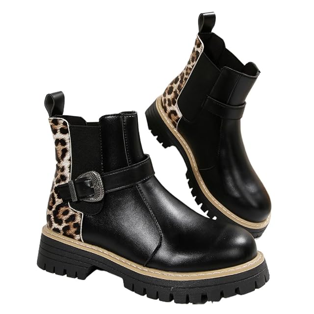 Faithgee Womens Leopard Chelsea Boots Round Toe Chunky Platform Heel Buckle Decor Cowboy Western Boots for Girls Musical