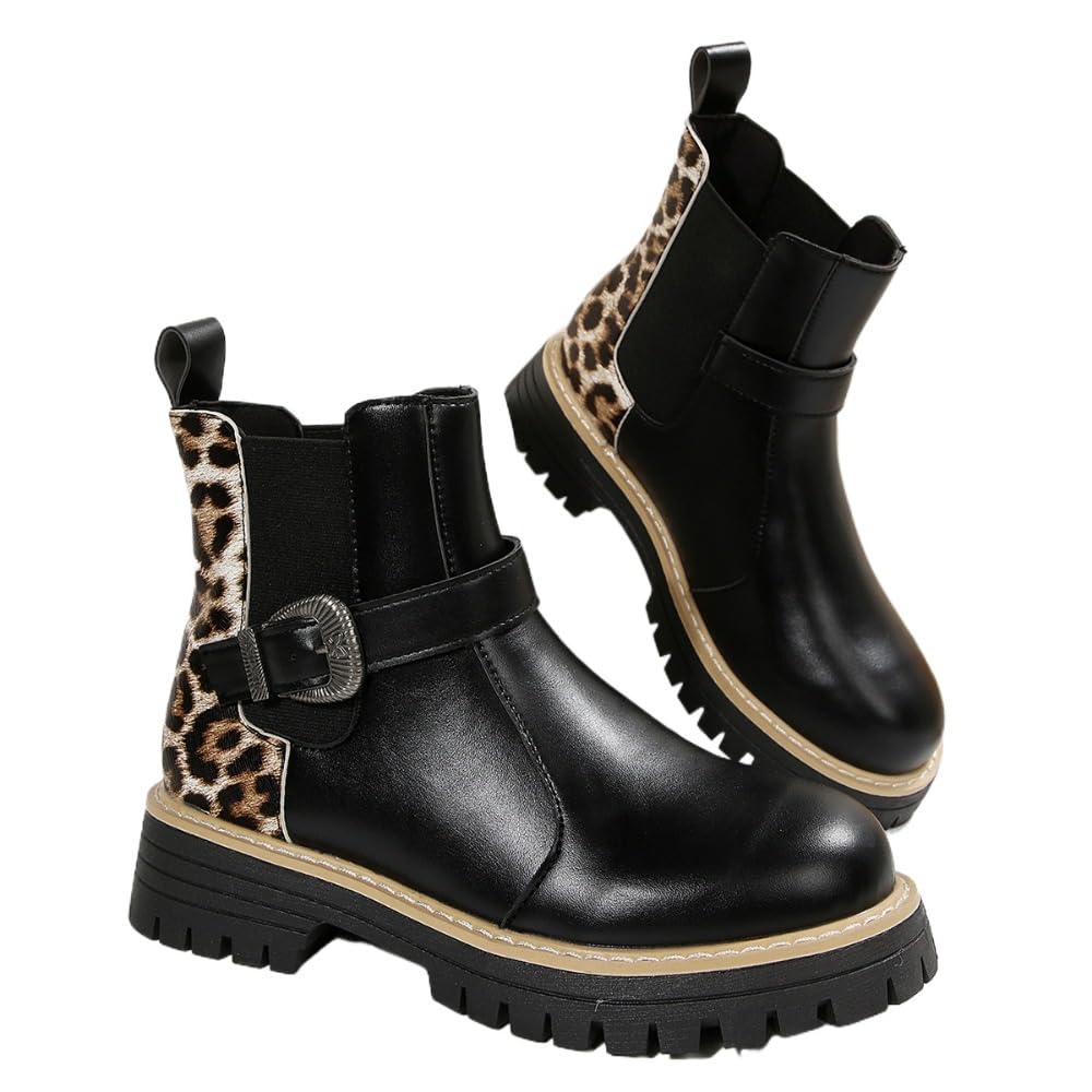Faithgee Womens Leopard Chelsea Boots Round Toe Chunky Platform Heel Buckle Decor Cowboy Western Boots for Girls Musical