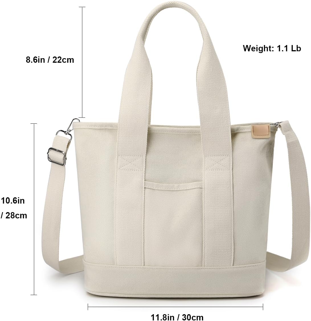 Women Large Zipper Canvas Tote Bag with Pockets, Heavy Duty Crossbody Shoulder Handbag for Work, Travel (White) - Image 5