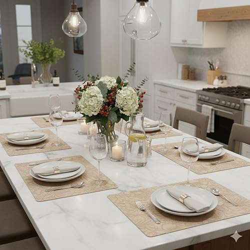 Miniatura 4 de Juego de 6 manteles individuales de piel sintética de 17 x 12 pulgadas, color beige, lavables, lavables y resistentes al calor, tapetes de comedor