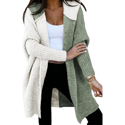 Astylish Women 2025 Fall Outfits Open Front Long Sleeve Hooded Knit Cardigan Sweaters Color Block Outwear Coats