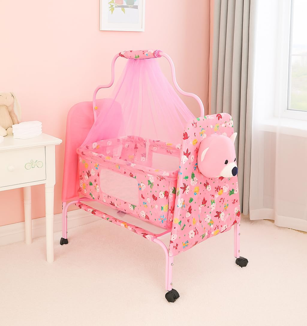 FLIPZON Metal, Fabric Foldable Baby Cradle with Swing | Comfortable Multi-Use Baby Cradle for Baby Comfort Sleep | Four Wheels with Brake | with Storage | Sturdy & Safe | Teddy Style | J7, Pink