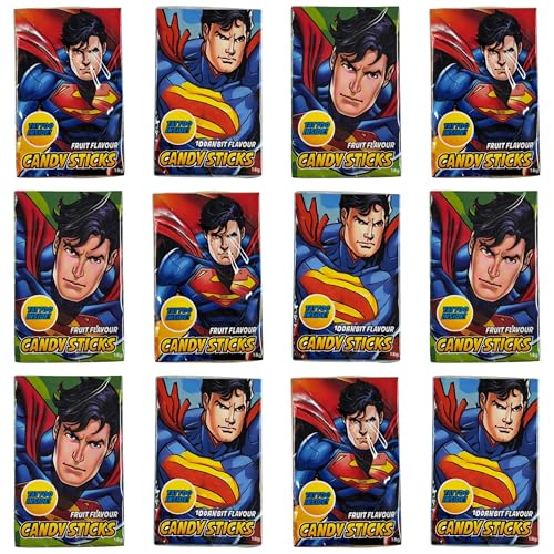Candy Sticks with Tattoos 12 Pack | Fruit Flavour Sweets | Superhero Design 18g Packs | Party Bag Fillers Kids Treats Retro Candy