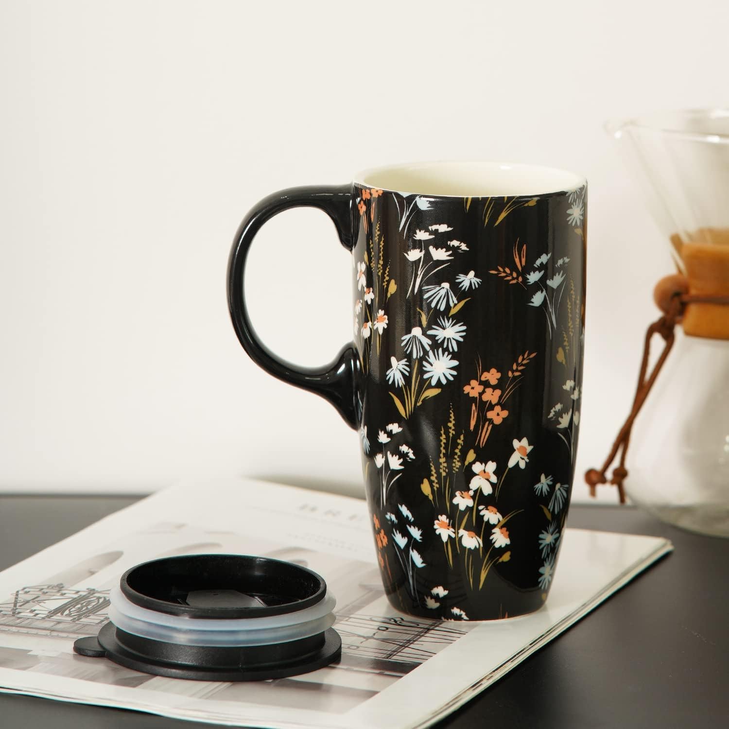 DUSVALLY Ceramic Mug Travel Coffee Cup with Lid for Dorm, Room and Office, Porcelain Latte Tall Tea Cup with Handle for Latte, Cappuccino and Cocoa, 17 oz, Multicolor Flower - Image 5