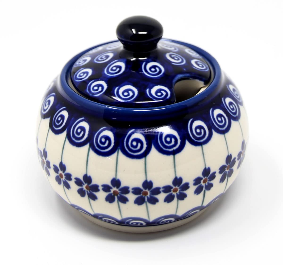 Polish Pottery 10 Oz. Sugar Bowl from Zaklady Boleslawiec Poland Handpainted in Floral Peacock Swirl