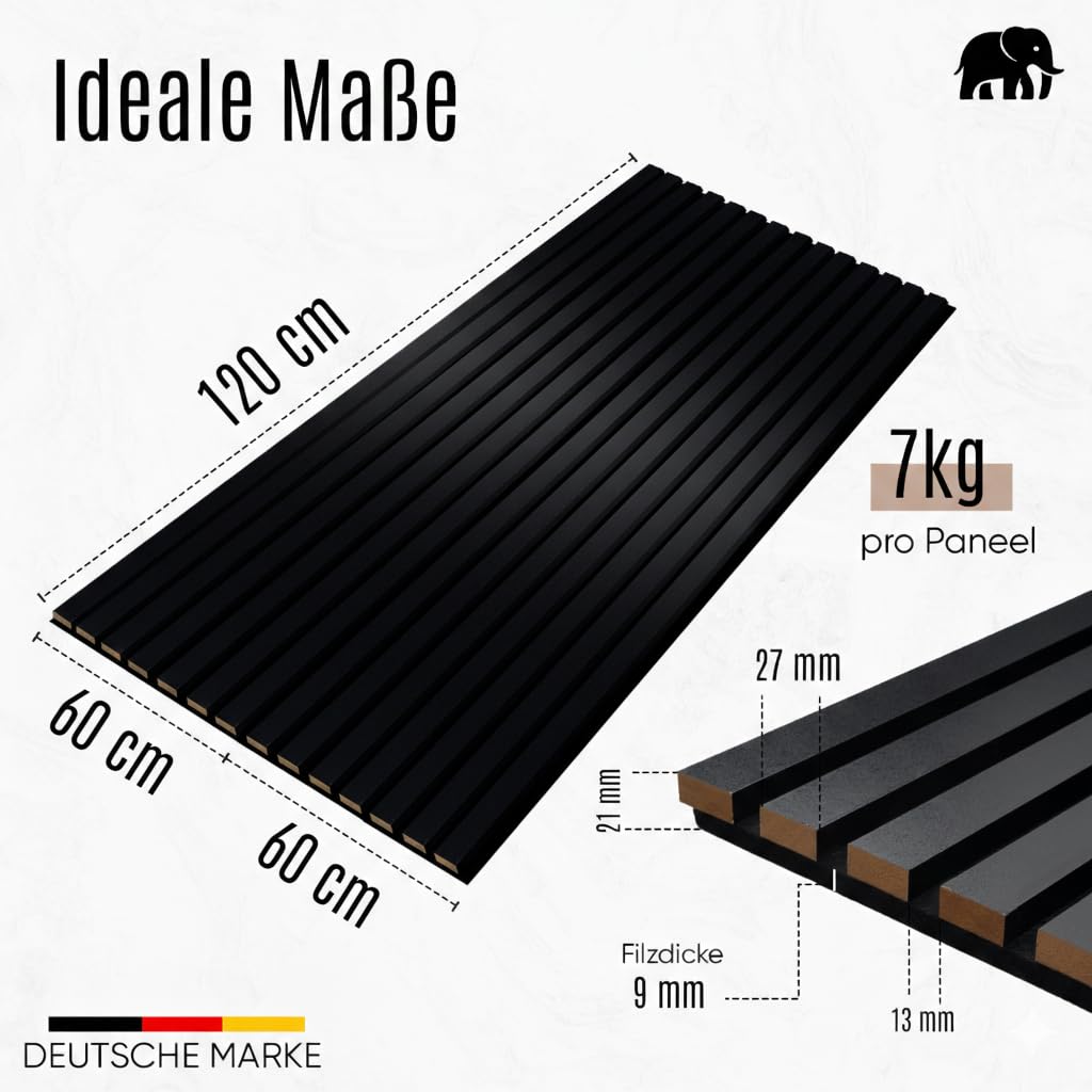 Akustikpaneele Holz, 2er Set, 120 x 60 cm, 1,44 m², Farbe: Schwarz