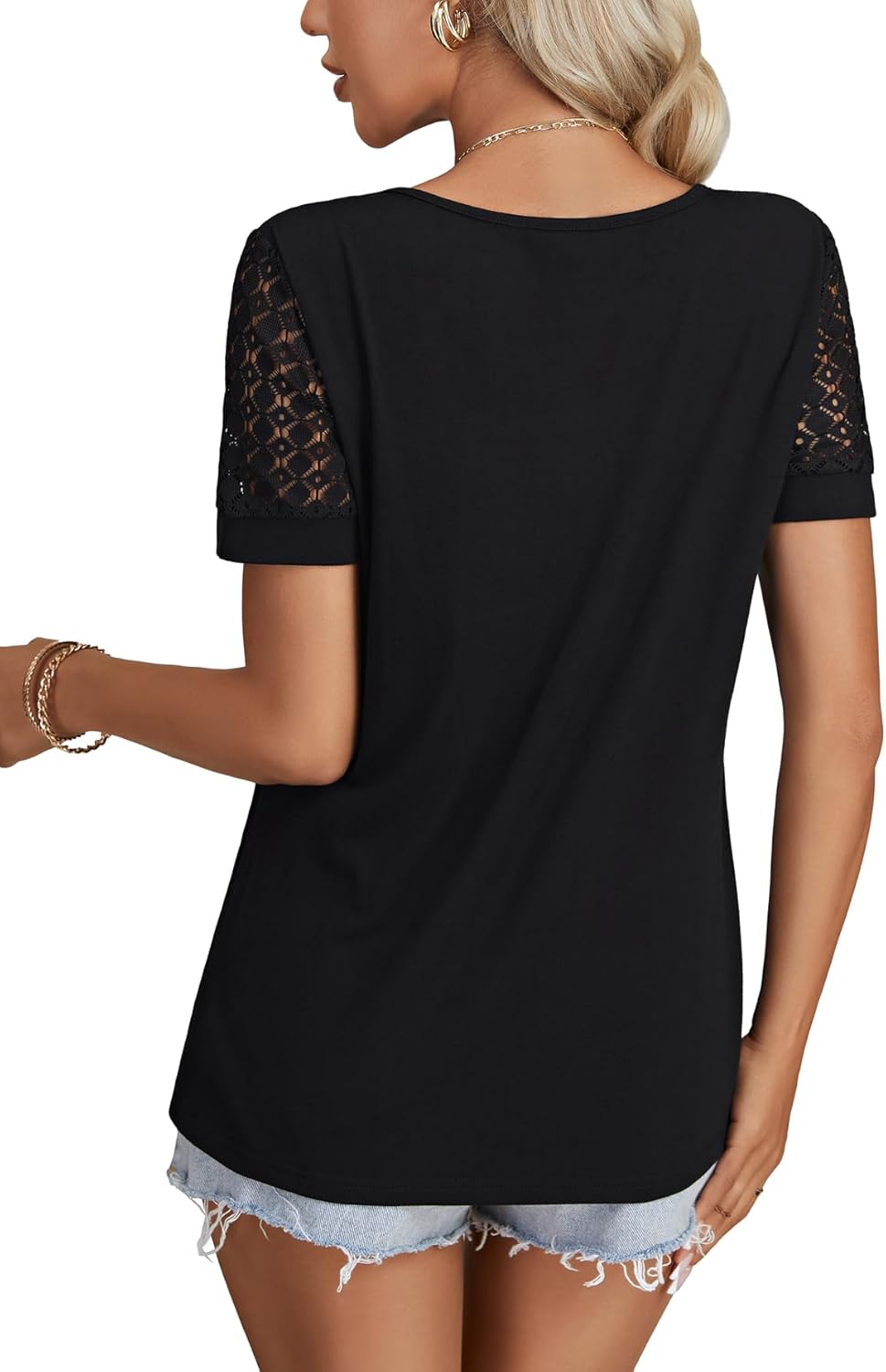 Rooscier Women's Lace Hollow Out Cut Out Round Neck Short Sleeve Dressy Casual Tunic Shirt Tops - Image 5