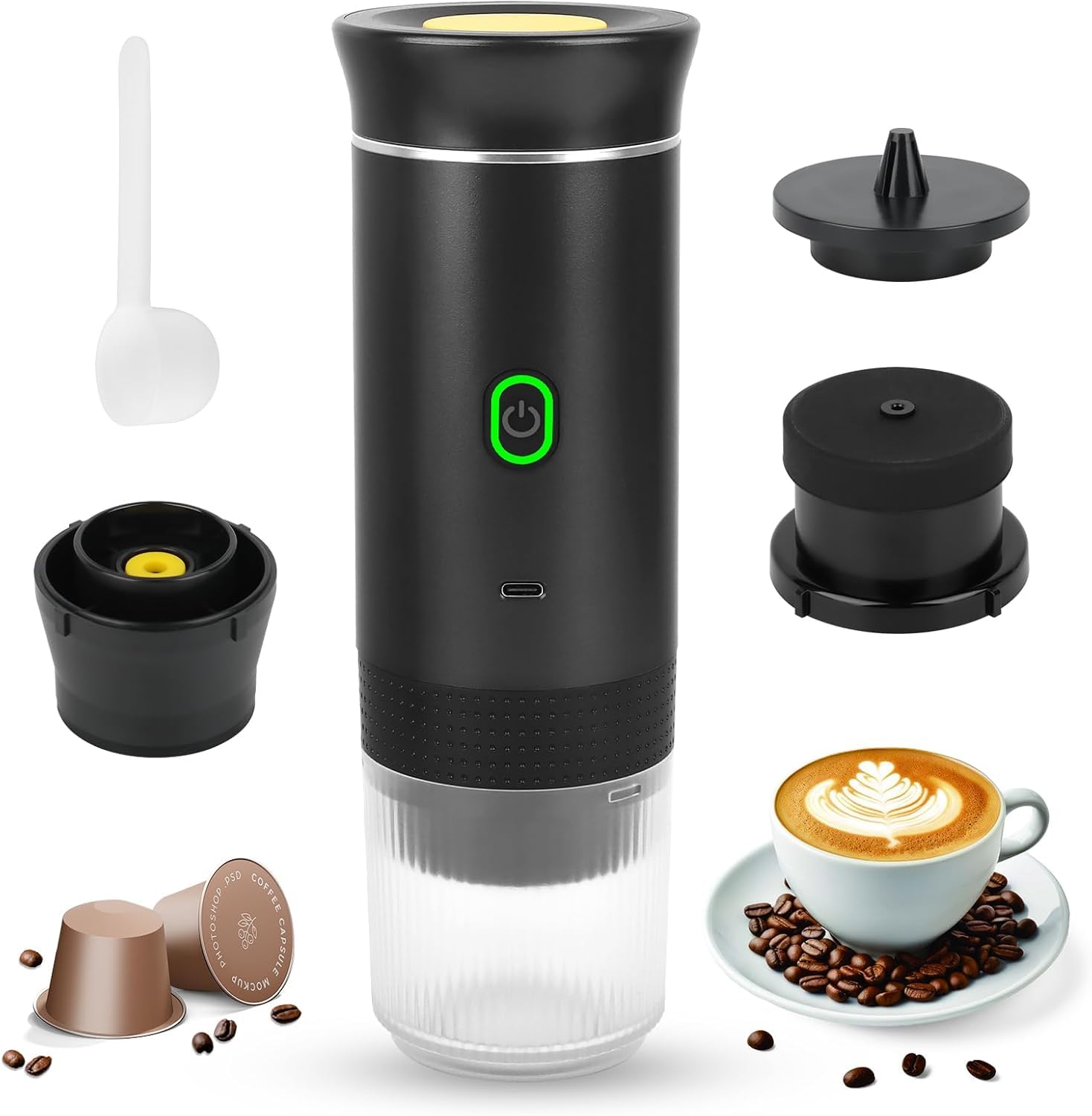 Genérico Cafetera Portátil Cápsulas 3 en 1 – Compatible con Cápsulas Pequeñas y Grandes + Café Molido – Autocalentamiento Rápido – Ideal Viajes, Oficina y Camper. (Negro)