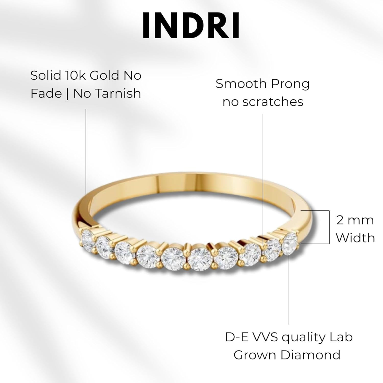 INDRI Solid 10k Gold Wedding Band for women Lab Grown Diamond 0.20 Cttw D-E Color VS1 Stackable Promise Ring Anniversary Ring For Her White Yellow Gold