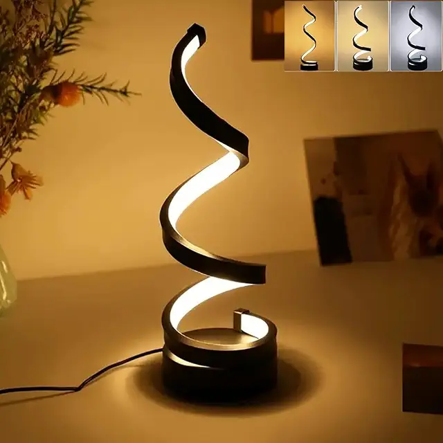 Black Table Lamp: Spiral LED Bedside Light with 3 Colors & Dimming