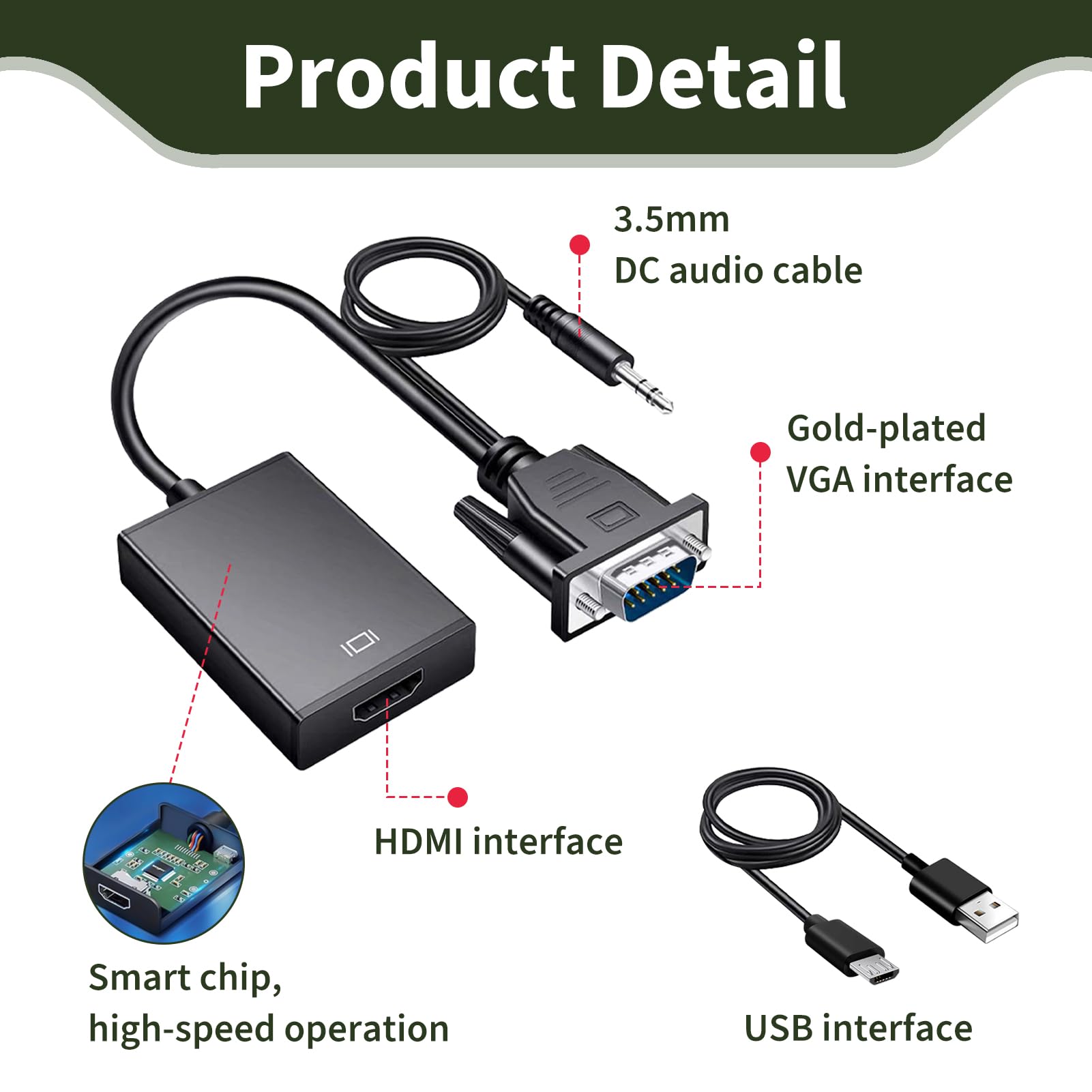 Adapter VGA auf HDMI Full HD 1080p mit 3,5 mm Audiokabel, Unidirektionaler Konverter VGA männlich auf HDMI weiblich, für PC, Laptop, Projektor, TV, 3,5 mm Audiokabel und USB inklusive