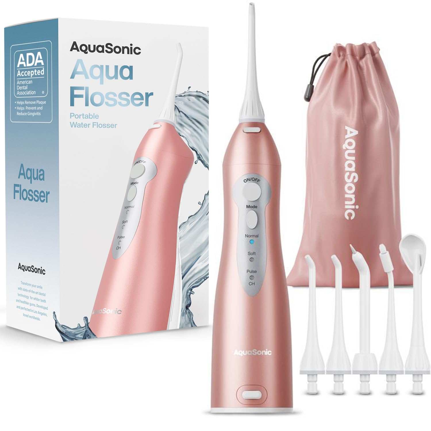 Aquasonic Aqua Flosser, idropulsore professionale ricaricabile con 4 punte, irrigatore orale con 3 modalità, filo interdentale portatile e senza fili, per bambini e bretelle, consigliato dal dentista
