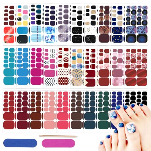 Toe Nail Stickers DANNEASY 660pcs/30 Sheets Toenails Polish Strips Toes Nail Wraps for Women UV Free | Self Adhesive Gel Strips Nails with 2 File 1 Wooden Stick - Solid & Mix Design