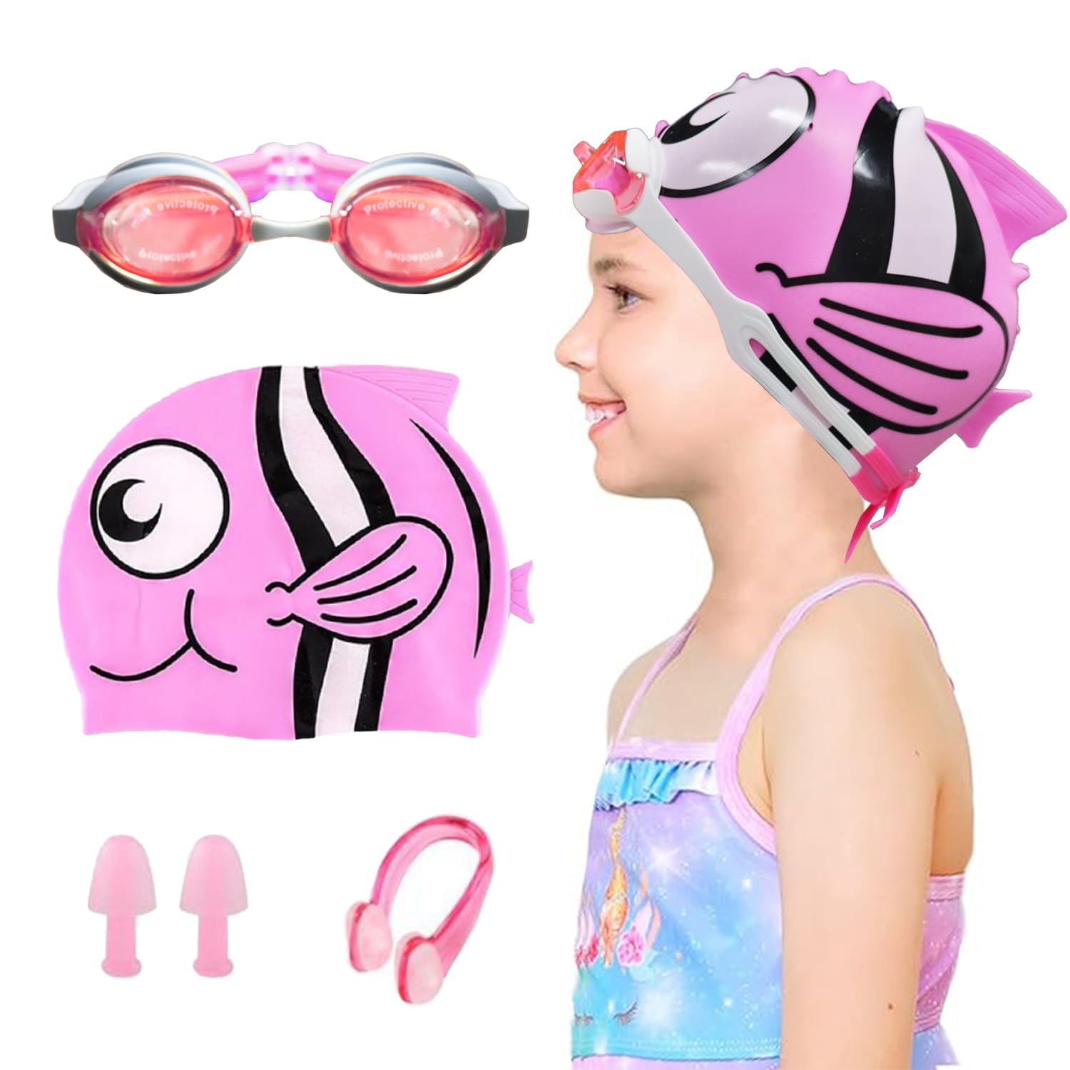 Crazybean Conjunto Gorro Piscina con Gafas Natación Tapones Oidos Pinza Nariz para Niños Niña Gorro Natación Pescado de Playa