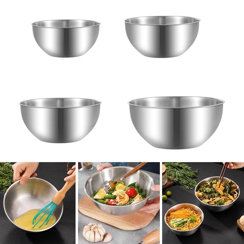 Set di 4 ciotole in acciaio inox con segni di misurazione per cuocere insalate e preparazioni di insalate, lavabili in lavastoviglie, color argento, da 16 cm a 24 cm