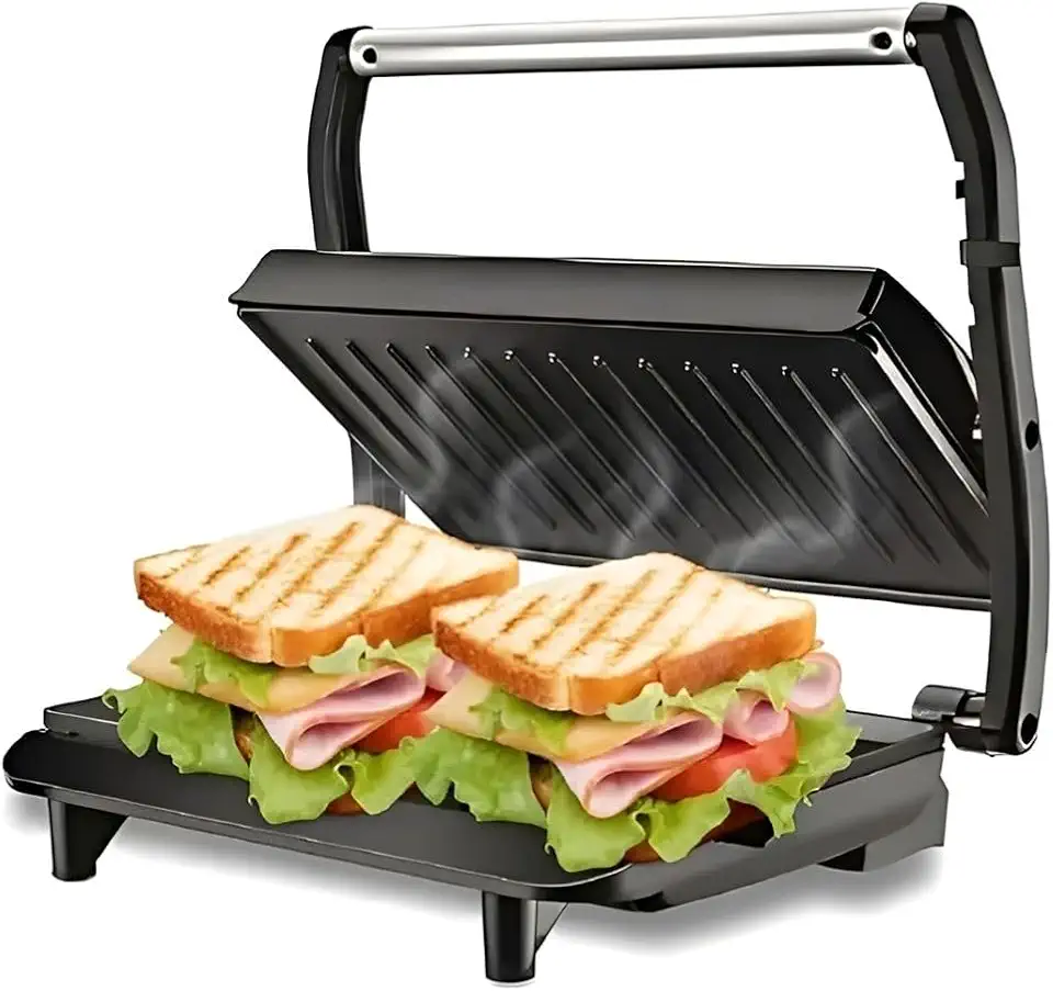 Grill e Sanduicheira Press Grill Gourmet Ceramic Inox 110V, Antiaderente, Rápido, Compacto, Grelha Carnes e Sanduíches, Fácil de Limpar, Seguro e Ideal para o Dia a Dia.
