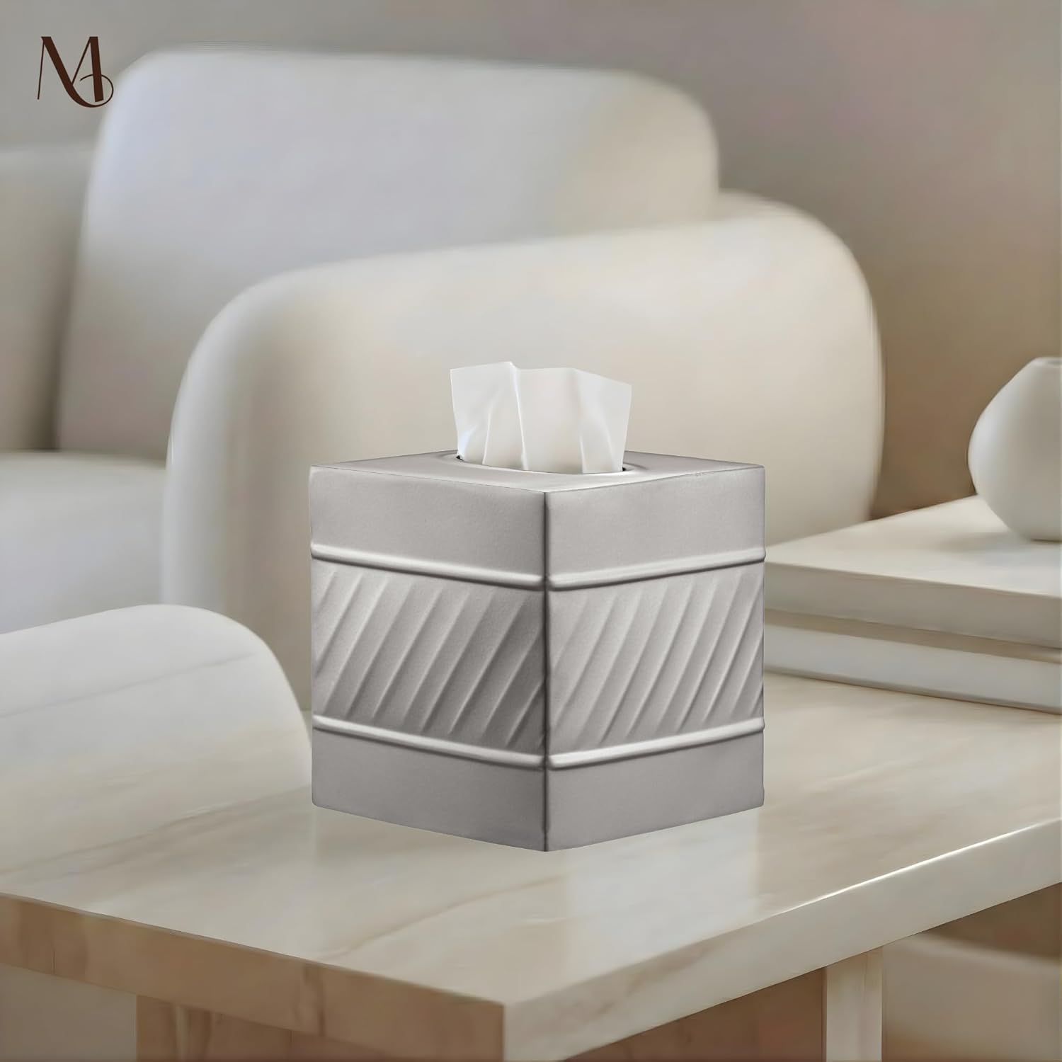 Monarch Abode Tissue Box Cover Square – Handcrafted Wave Embossed Pewter Metal Tissue Holder Box for Bathroom Accessory, Aesthetic Decorative Facial Napkin Cube for Modern Home Decor