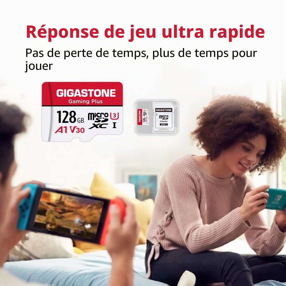 [Gigastone] Gaming Plus Carte mémoire Micro SDXC pour Nintendo Switch, Wyze, GoPro, caméra de sécurité, Enregistrement vidéo 4K, UHS-I A1 U3 V30 C10, jusqu'à 100 Mo/s, avec Adaptateur 128 Go