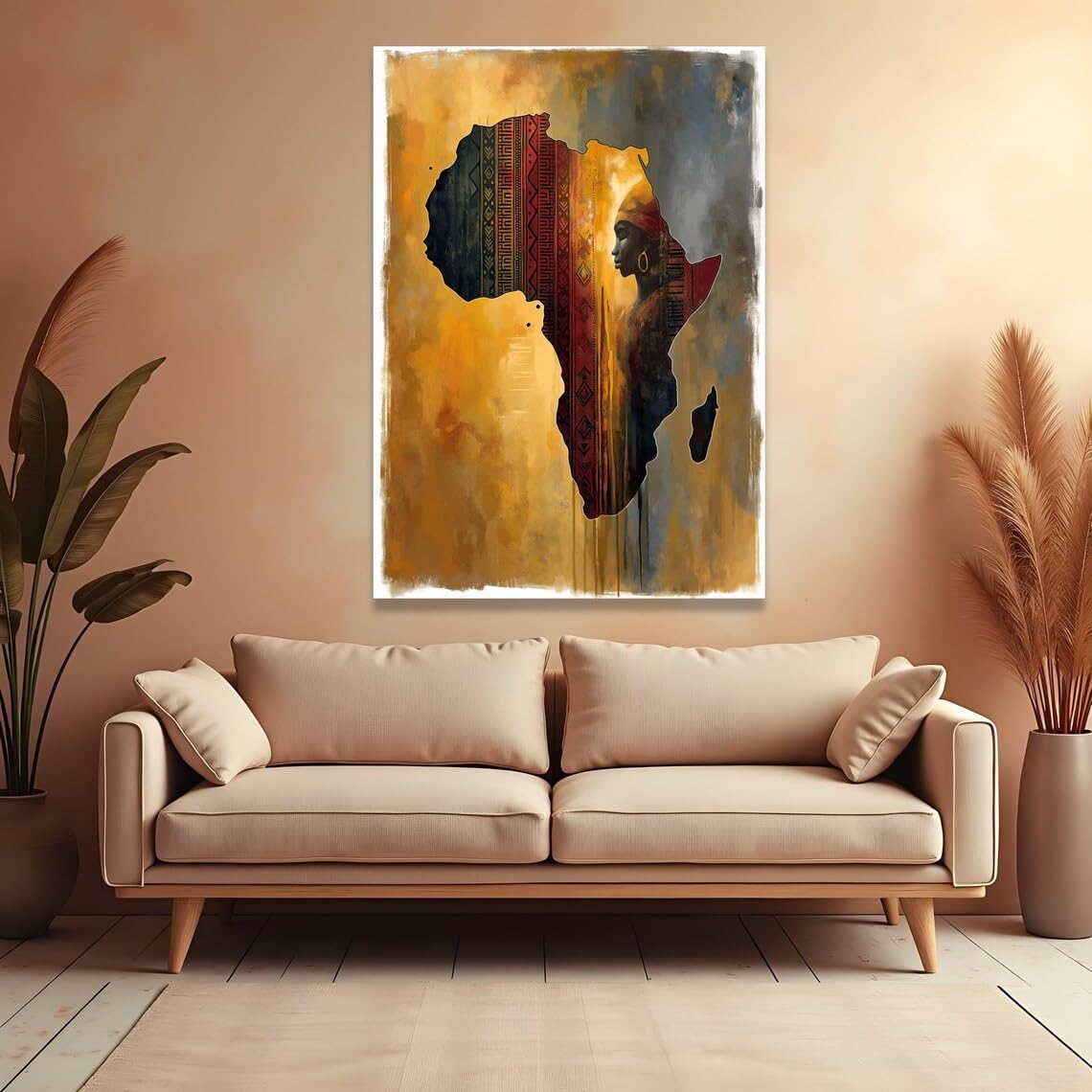 Xbtykpb Frameless African Continent Silhouette Canvas Tribal Woman Profile Wall Art Ethnic Pattern Canvas Cultural Decor Heritage Painting(80X110cm/Frameless)