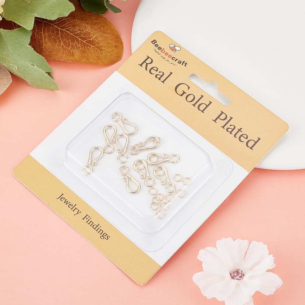 Beebeecraft 1 Box 10Pcs S Hook Clasps 24K Gold Plated Hook Ring Toggle Clasps Connectors with 20Pcs Open Jump Rings Wire Hanger Jewelry Findings for DIY Necklace Bracelet Making
