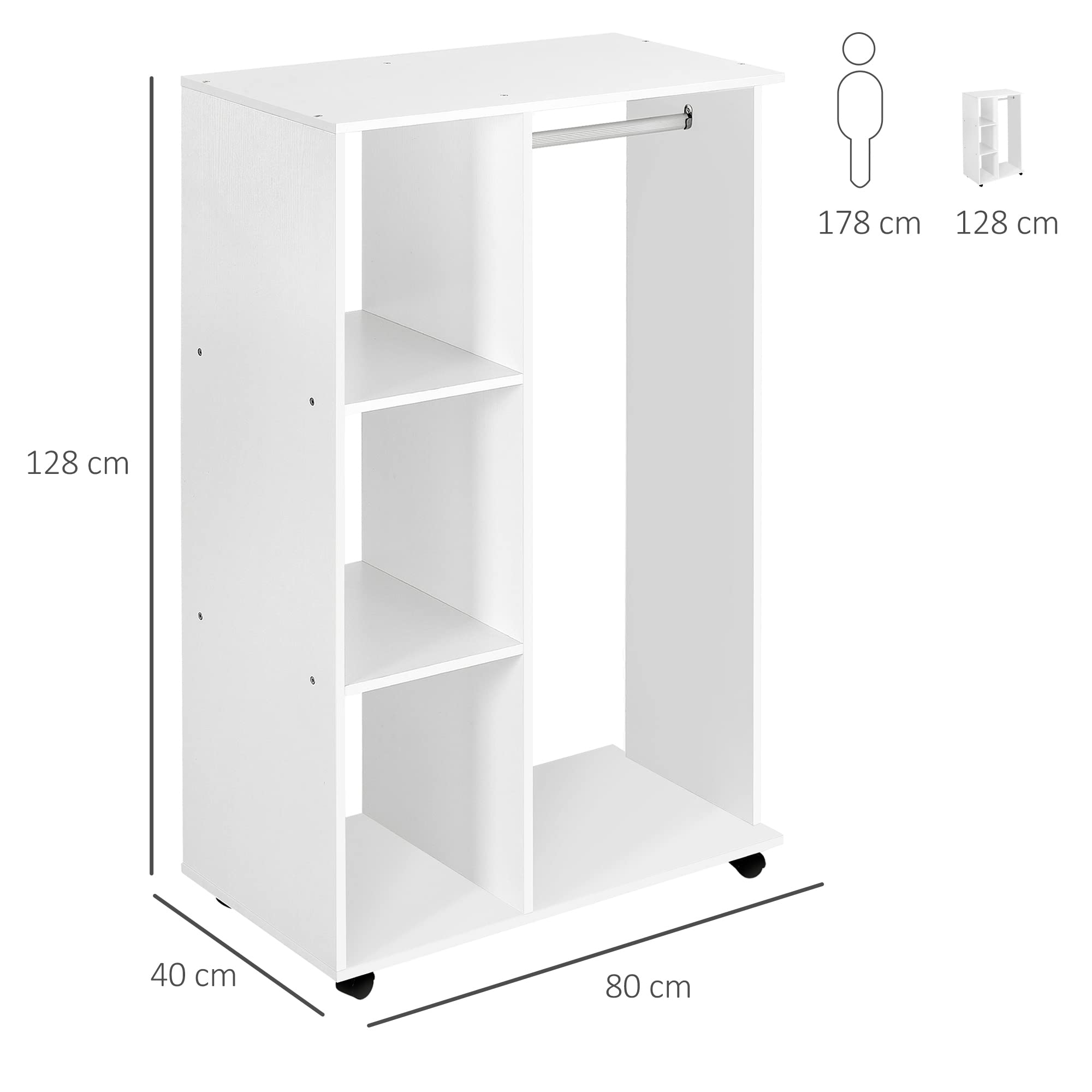 Armario Abierto Colgador 80x40x128cm Colgar Ropa Madera Blanco Colgador Ruedas