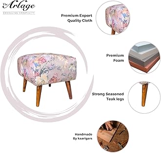 The Artage Puffy Stool for Living Room Vanity Dressing Table Sitting Pink Flower Printed Premium Foam Cushioned Pouffe Ottoman for Foot Rest Stool for Home Decor Furniture Wooden (Floral) ( )