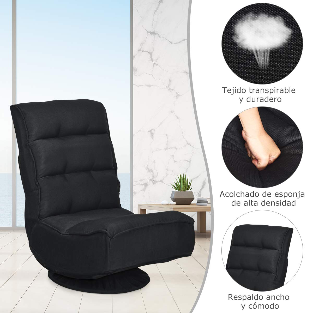 COSTWAY Silla de Suelo con Respaldo Ajustable en 5 Posiciones Silla de Relax Meditación con Base Giratorio 360 ° para Hogar TV (Negro)