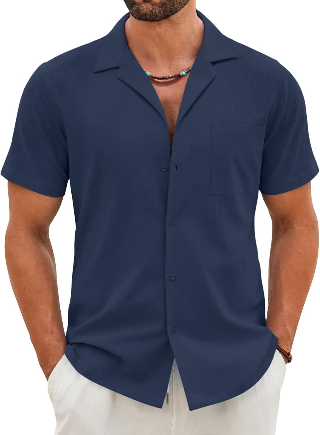 COOFANDY Mens Cotton Linen Shirt Casual Button Down Short Sleeve Shirts Summer Cuban Vacation Beach Shirts with Pocket