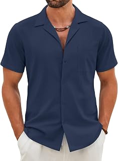 Mens Cotton Linen Shirt Casual Button Down Short Sleeve Shirts Summer Cuban Vacation Beach Shirts with Pocket