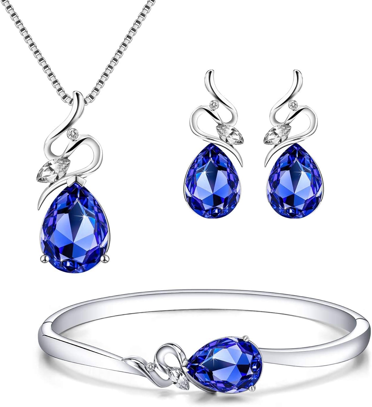 Menton Ezil Charming Crystal Jewelry Sets For Women with Blue Sapphire White Gold Bracelet Necklace and Earrings Sets For Wife Girlfriend Or Mothers Idea Gift For Mother's day