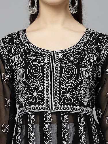 Image of Yashika Women's Chanderi Women Chikankari Long Sleeve Embroidered Anarkali Nayra Kurta(Ys-K1112)