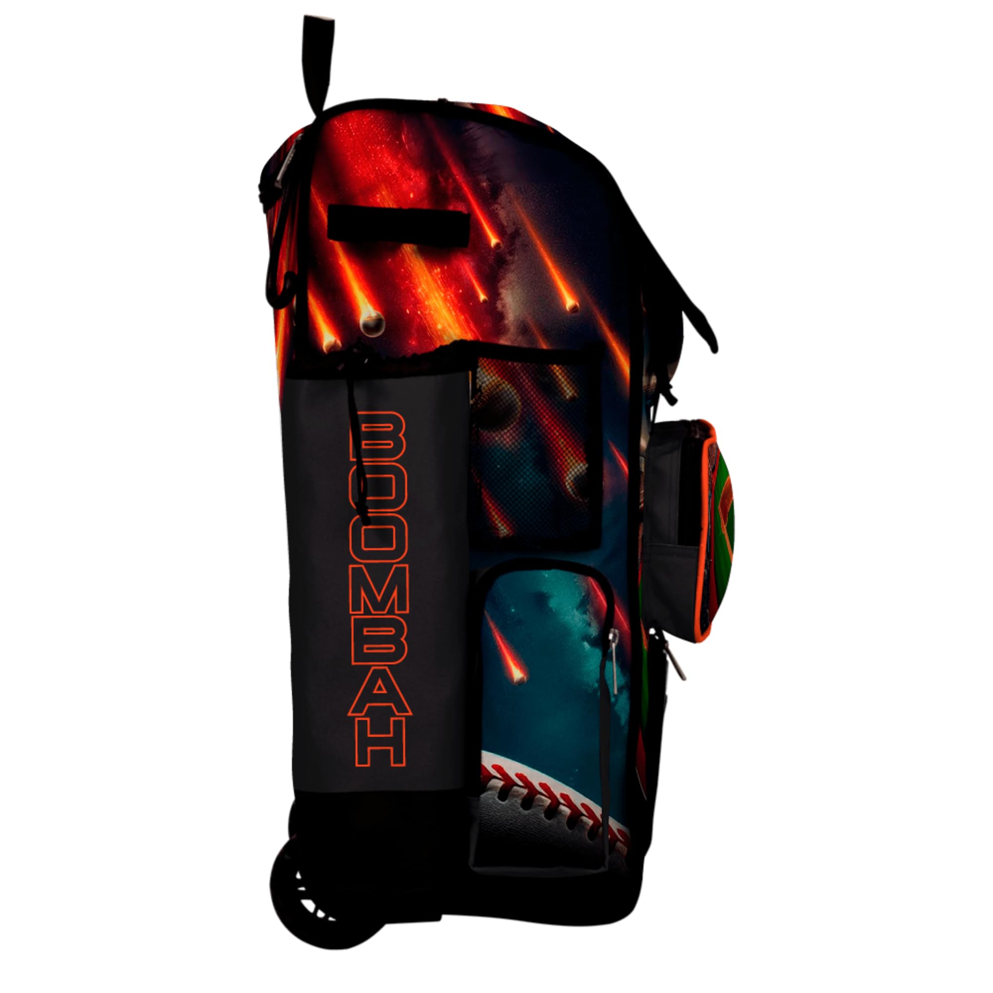 Boombah Rolling Superpack Baseball/Softball Gear Bag - Telescopic Handle - Holds 4 Bats - Wheeled Version - Baseball Meteor Shower Black/Flame/Kelly Green